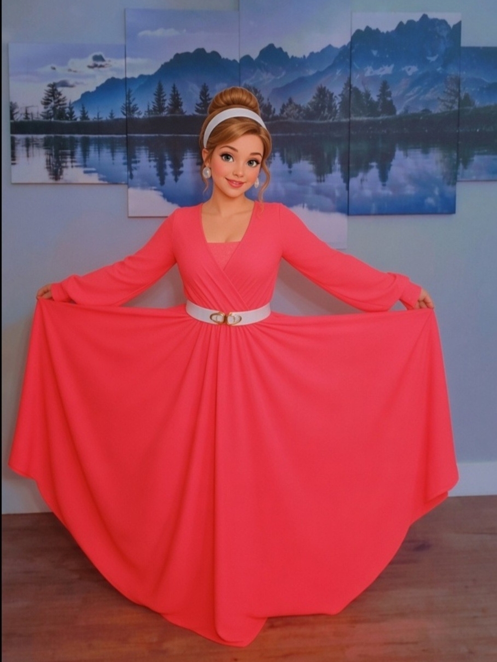 Elegant Coral Maxi Wrap Dress with White Belt